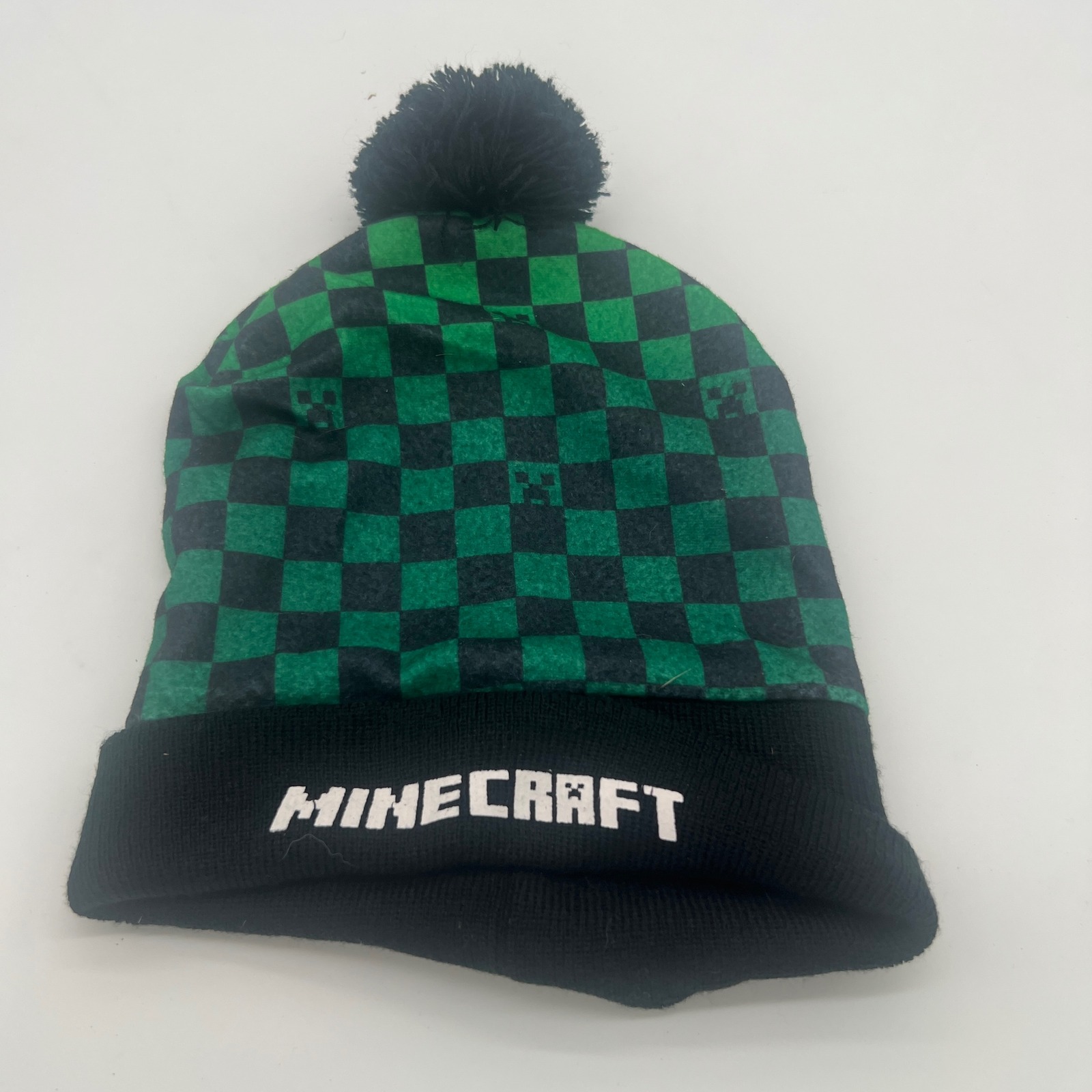 Minecraft Beanie Green Black Checkered Creeper Pom Pom Winter Hat Knit Logo